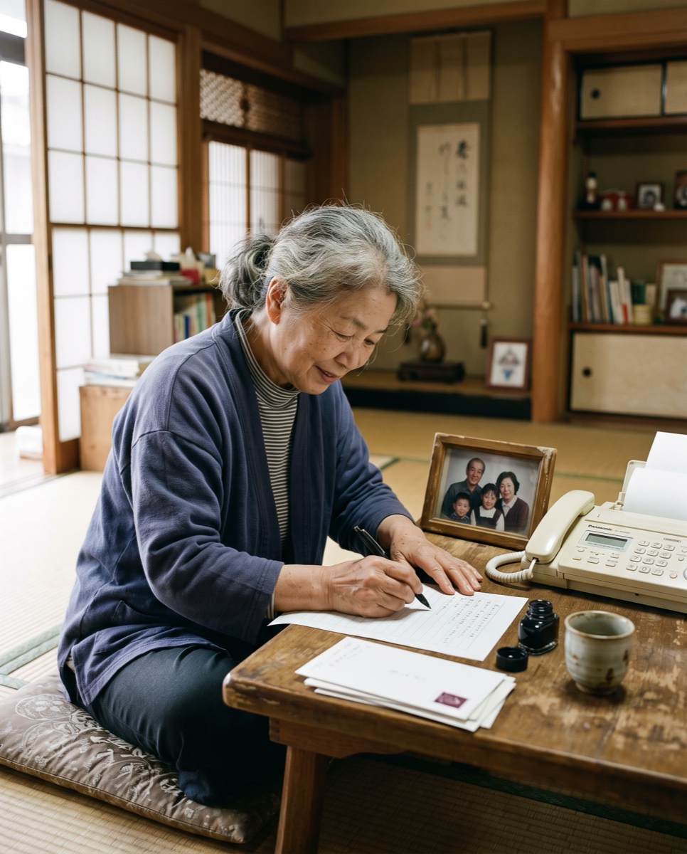 いつものFAX機で、家族へ手紙を書くお母様